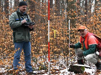 Oliver Kr&ouml;ner (links) und Wolfgang Wei&szlig; untersuchen junge Waldb&auml;ume und Knospen auf Verbiss- und Fegespuren von Rehen als Grundlage f&uuml;r ein Gutachten zur Wald-Wild-Situation.  Foto: CT-Archiv