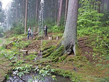 Der Waldspringbrunnen bei der Grundmühle ist ein lohnendes Wanderziel. Anne Gaida (links) und Vorsitzende Ulla Hofmann bei dem gepflanzten Davids-Ahorn sind stolz auf das Plätzchen. Foto: Bruno Preißinger