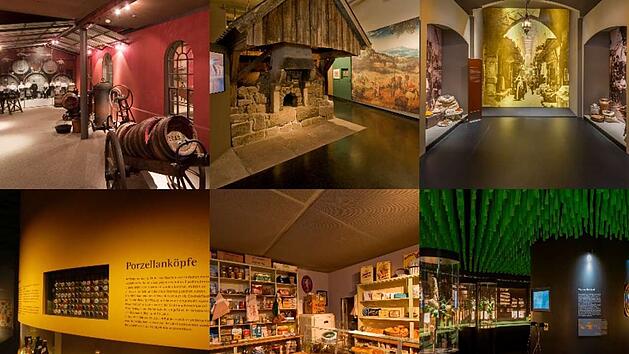 Collage Kulmbacher Museen: Bilder links: Brauereimuseum; Bilder mittig: Bäckereimuseum; Bilder rechts: Gewürzmuseum