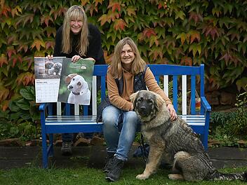 Fotografin Kerstin Junker (von links), Silvia Pietrek vom Tierheim Fulda-Hünfeld und Balou, zu sehen auf dem Oktober-Kalenderblatt.  Foto:  Bianca Goldbach