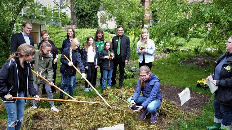 Sehr fleißig sind die Garten-Kids des Caspar-Vischer-Gymnasium. Davon überzeugten sich (im Hintergrund, von links) Bürgermeister Ralf Hartnack, Schulleiterin Ulrike Endres und Projektleiterin Kathrin Faßold sowie AOK-Bereichsleiter Werner Böhner (Zweiter von rechts) und Koordinatorin Margot Schmitt (links daneben). Werner Reißaus