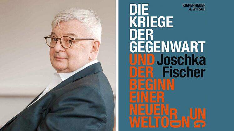 Ein Mann im Anzug blickt zur Seite. Daneben ein Buchcover mit dem Titel "Die Kriege der Gegenwart" und dem Autorenname Joschka Fischer.