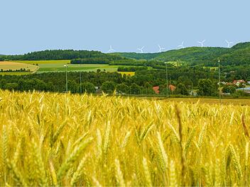 Der Windpark Brunn bei  Heiligenstadt blieb nur eine Vision am Horizont. Die Regionalwerke taten sich nach dem Aus schwer, neue Geschäftsfelder zu erschließen. Jetzt wird ein neuer Anlauf gemacht.Fotomontage: Regionalwerke/Archiv