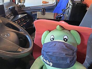 Kleiner Drache mit großer Vorbildfunktion: Selbst das Maskottchen der Bad Kissinger Feuerwehr trägt Maske. Foto: Harald Albert