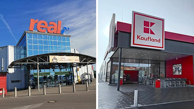 Links ein Real-Markt mit blauem Glasgebäude, rechts eine Kaufland-Filiale mit roten Akzenten. Der Real könnte bald zu einem Kaufland umgewandelt werden.