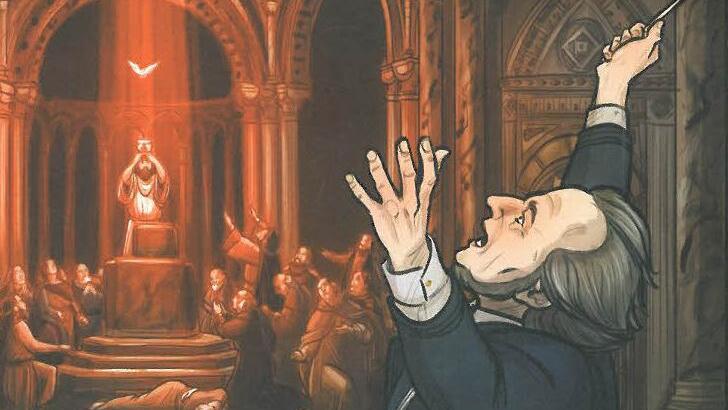 Eine Szene fast am Ende des Comics: Wagner dirigiert den Parsival im Bayreuther Festspielhaus Bild: Knesebeck