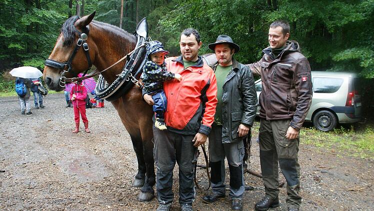 Der kleine Max wird genauso selbstverständlich mit Arbeitspferden aufwachsen, wie das einst sein Opa Josef (Zweiter von rechts) tat. Josef und Christoph Rumpel arbeiten künftig mit zwei Kaltblütern für den Eltmanner Stadtförster Christian Bartsch (rechts). Foto: Sabine Weinbeer