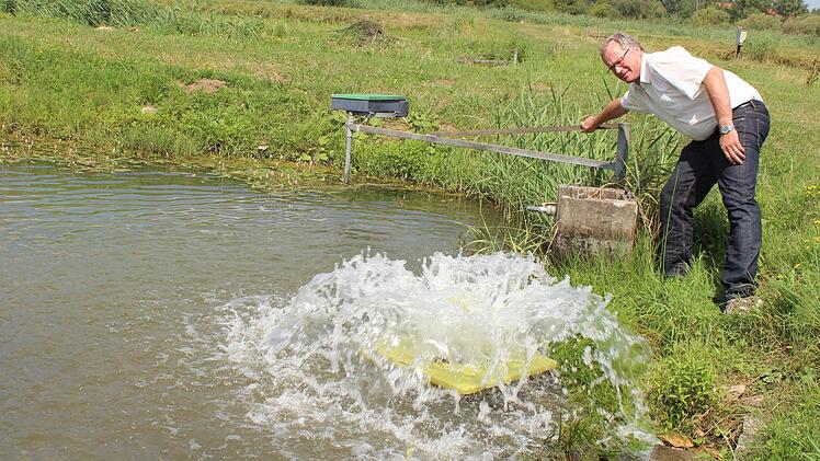 Wenn Martin Oberle, Leiter der Höchstadter Außenstelle für Teichwirtschaft, den Lüfter einschaltet, freuen sich die Karpfen. Foto: Andreas Dorsch