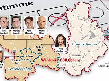 Sechs Kandidaten, sechsmal Stadt und Landkreis Coburg - aus Kronach kommt kein Bewerber für den Bundestag. Grafik: Dagmar Klumb