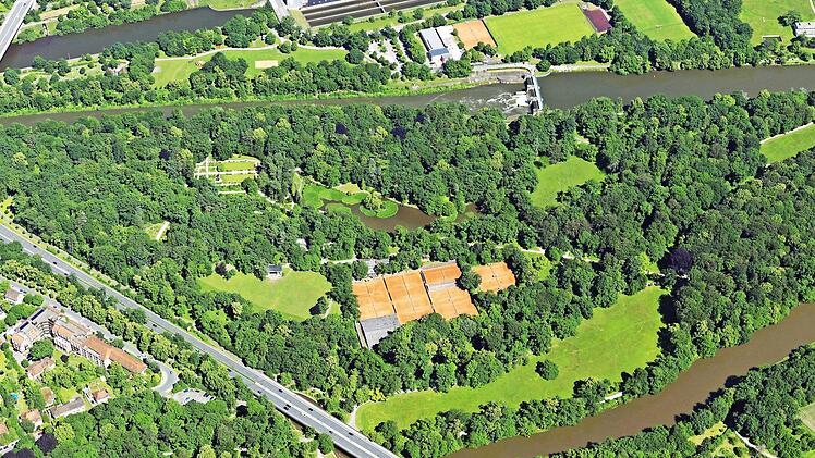 Das Kerngebiet des Hains zwischen Regnitz und Kanal aus der Vogelperspektive. Gut zu erkennen (von unten nach oben) die Schillerwiese, die Anlage des TC Bamberg, die Festwiese mit dem Musikpavillon und der Botanische Garten mit Hainweiher Foto: Stadtplanungssamt/aerowest