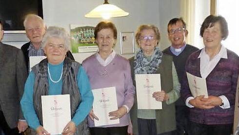 Ehrungen bei der KAB Neukenroth f&uuml;r 40-j&auml;hrige Zugeh&ouml;rigkeit. Von links: 2. B&uuml;rgermeister Siegfried Wei&szlig;erth, Kreisvorsitzender G&uuml;nter Romig, Gregor Lorsbach, Agnes Wachter, Marga B&ouml;hm, Kathi Hermann, Pr&auml;ses Hans-Michael Dinkel, Franziska Thoma sowie Ortsvorsitzender Ulrich Bernschneider. Foto: Gerd Fleischmann