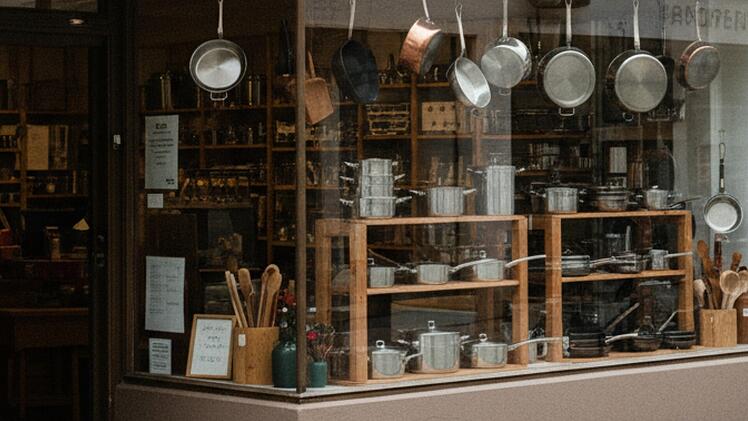 Außenansicht eines Haushaltswarenladens in einer Kleinstadt. Im Schaufenster sind unter anderem Töpfe, Pfannen und Kuchenformen zu sehen.