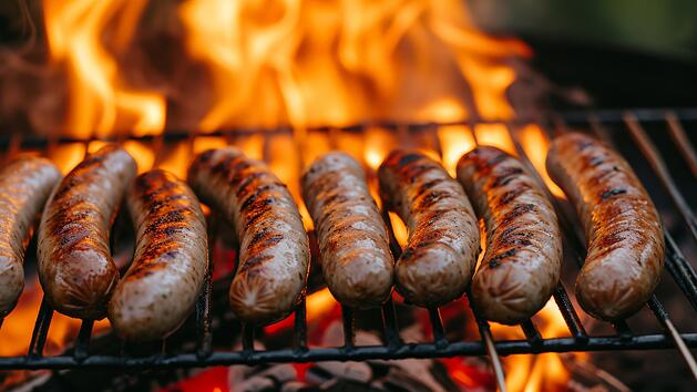 Bratwürste liegen auf einem Grillrost. Dahinter flammt Feuer auf. Im Artikel geht es um einen großen Bratwurst- beziehungsweise Grillwurst-Test.