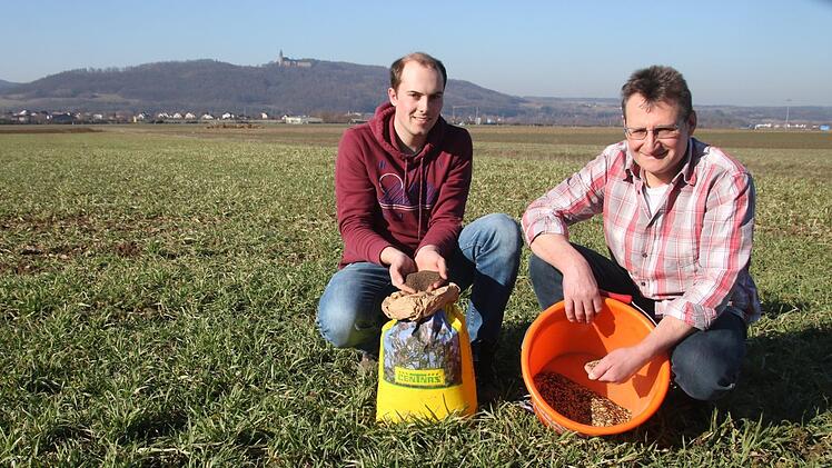 Lukas Hatzold (links) und Georg Weiß auf ihrem Feld bei Wolfsdorf. Hier, am Wallfahrerweg nach Vierzehnheiligen, wollen sie eine Blühfläche anlegen, doch das Interesse der Bürger am Obermain, eine Patenschaft für einige Quadratmeter zu übernehmen, ist gering.Matthias Einwag