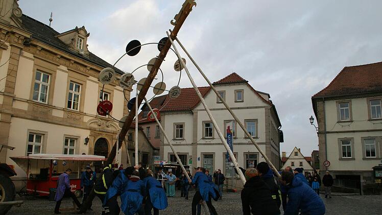 Mit vereinten Kräften stellten die Mitglieder des Faschingskomitees den Narrenbaum am Marktplatz auf.