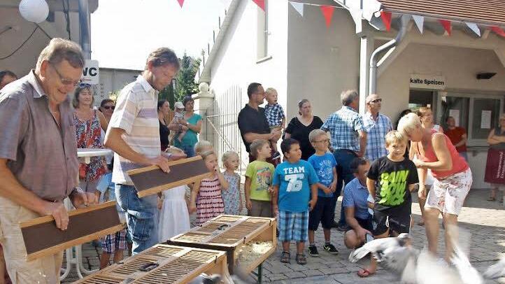 Grüße hoch in die Luft schickten die Brieftauben, die Hermann Wolf und sein Sohn Holger auf die Reise gehen ließen. Fotos: Stefan Geiger