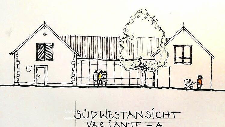 Der Entwurf des Architekturbüros Hahn & Partner (Bad Kissingen) zeigt einen Neubau, in dem unter anderem Mehrzweckraum und öffentliche Toiletten untergebracht werden sollen. Repro: Kathrin Kupka-Hahn