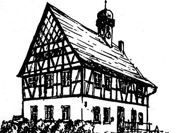 Das historische Gemeindehaus Stöppach hat bewegte Zeiten überstanden. Viele Künstler haben es gezeichnet, wie hier der Fotograf und Künstler Karl Wilhelm aus Ahorn. Der Festplatz für die Geburtstagsfeier liegt unweit des historischen Gebäudes.  Repro: Michael Stelzner
