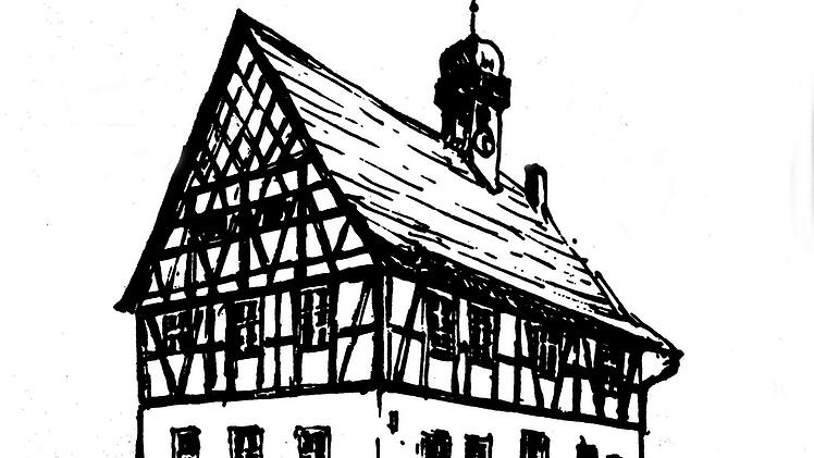 Das historische Gemeindehaus Stöppach hat bewegte Zeiten überstanden. Viele Künstler haben es gezeichnet, wie hier der Fotograf und Künstler Karl Wilhelm aus Ahorn. Der Festplatz für die Geburtstagsfeier liegt unweit des historischen Gebäudes.  Repro: Michael Stelzner
