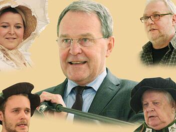 Minister Wolfgang Heubisch (Mitte) zeigte sich begeistert von der Vielfalt der Forchheimer Kultur. Rechts mimt Fred Nagengast den Landvogt. Patrick Schroll (links) ist sein Gegenspieler der Forchheimer Bäcker Färber; oben links Yvonne Atar als Minna von Barnhelm, oben rechts der Forchheimer Kulturpreisträger Hubert Forscht. Fotos: Josef Hofbauer/Illustration: Michael Beetz