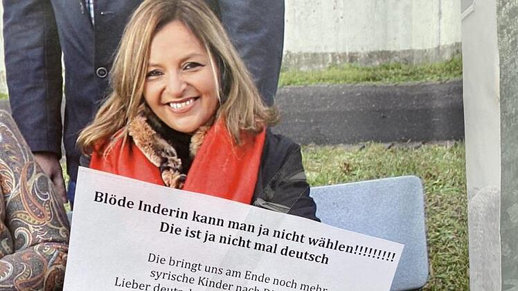 Rassismus pur: Ein Unbekannter hat das Wahlplakat der Gemeinderatskandidatin Jasmin Singh-Neckermann mit einem beleidigenden, hetzerischen Kommentar beklebt. Sie wird rechtliche Schritte einleiten. Foto: Singh-Neckermann
