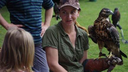 Falknerin Alexa Feder-Meininghaus mit einem ihrer Tiere beim Wildparkfest. Fotos: Klaus Werner