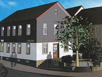 So in etwa ist die künftige Außengestaltung an der Alten Schule in Romansthal angedacht, inklusive eines barrierefreien Zugangs per kreisrunder Rampe. Fotos: Mario Deller