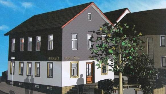 So in etwa ist die künftige Außengestaltung an der Alten Schule in Romansthal angedacht, inklusive eines barrierefreien Zugangs per kreisrunder Rampe. Fotos: Mario Deller