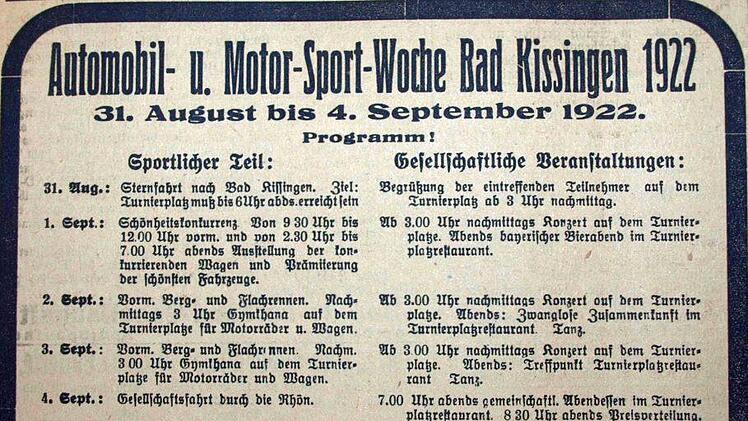 Anzeige in der Saale-Zeitung aus dem Jahr 1922 für eine Motor-Sport-Woche in Bad Kissingen. Quelle: Stadtarchiv