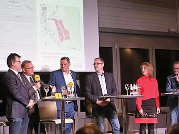 Auf dem Podium pl&auml;dierten (v.l.) Christian Lange und OB Andreas Starke f&uuml;r das Ratsbegehren, w&auml;hrend (v. r.) Volker Braun und Karin Einwag f&uuml;r das B&uuml;rgerbegehren eintraten. Mischa Salzmann (Radio Bamberg) und Michael Memmel (Fr&auml;nkischer Tag) moderierten.  Fotos: Barbara Herbst