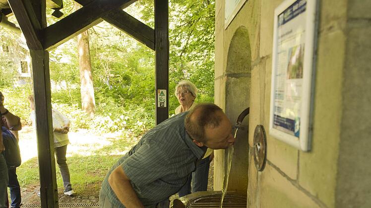 Frisch gezapft! Klaus Schaumberg kostet den "kalkhaltigen S&auml;uerling" aus der Max-Marien-Quelle in der Langenau.