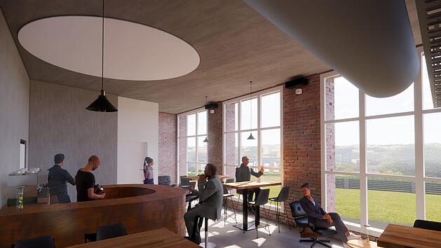 Das Kulmbacher Turbinenhaus am Tag: die Cafeteria-Bar im Untergeschoss mit Blick auf die Hans-Hacker-Stra&szlig;e
