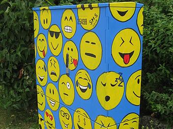 Bunt präsentieren sich in Schönderling die zahlreichen Trafostationen. Egal ob Blumen, Vögel oder Wanderer - zahlreiche kreative Motive haben ihren Weg auf die Oberfläche gefunden. Magdalena Beck hat sich für rosafarbene Blütenmotive entschieden.  Fotos: Beatrix Lieb