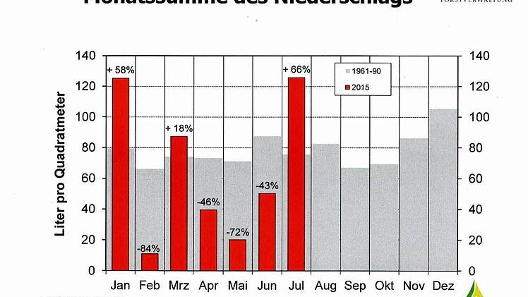 Die meisten Monate heuer waren zu trocken. Der Juli war nur wegen der zwei Gewittergüsse im Plus.  Grafik: LWF/Raspe