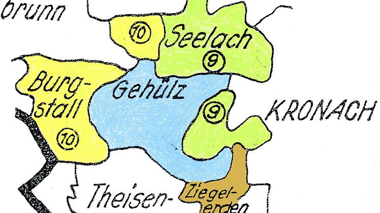 Diese Kartenskizze des Heimatpflege-Vereins Gehülz/Seelach/Ziegelerden zeigt Gemeindegebiete und Gemarkungen nach dem Stand bis Ende 1971. Zum Beginn des Folgejahres kamen Ziegelerden nach Kronach, der Ort Burgstall nach Mitwitz und der bisherige Burgstaller Gemeindeteil Rotschreuth (obere gelbe Fläche mit der 10) nach Gehülz.