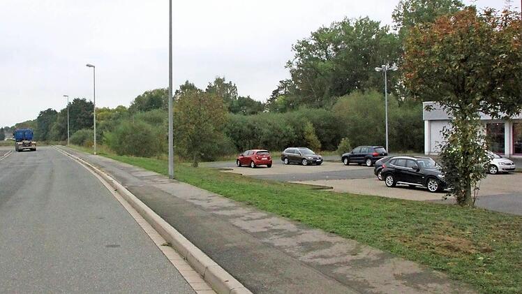 Auf einem Grundstück in der Lichtenfelser Mainau, unweit der Niederlassungen der Firmen Vögele (rechts) und Obi (links), möchte Martin Schramm die Asylbewerber-Unterkunft bauen. Foto: Matthias Einwag