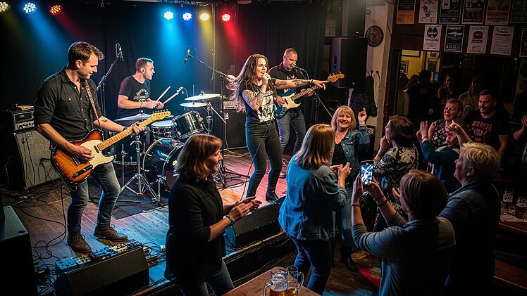 Bei einem Livekonzert in einer Musikkneipe herrscht ausgelassene Stimmung.