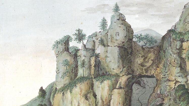 Stich von der Riesenburg aus 1804, über die Arndt schrieb: "Ich möchte sie gern das Schönste nennen, was sich in diesen Gegenden gesehen habe."   Er meinte damit das Riesenhafte in der Natur, das dieser Fels darstellt.Repro: Reinhard Löwisch