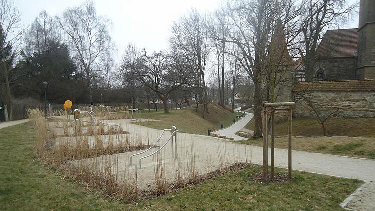 Fertig angelegt ist der Mehrgenerationenpark samt Geräten am Wallgraben an der Südseite des Schlossplatzes. Foto: Stefanie Karl