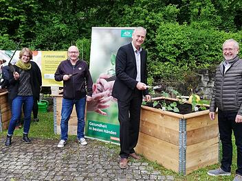 Ernährungsberaterin Hendrike Hellmann (Acker Company; von links), Bildungsbegleiter Ingo Niebling (Nüdlinger Werkstatt), Direktor Franz Dünisch (AOK Schweinfurt) und Werkstattleiter Martin Denninger (Leiter Nüdlinger Werkstatt) an den Hochbeeten.