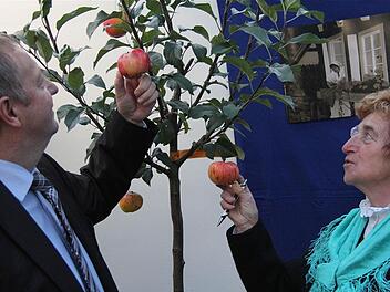 Besonders der Tag der offenen Gartentür und die Erntedank-Ausstellung in Hammelburg (unser Bild) bezeichnete Irmgard Heinrich (rechts, hier mit Landrat Thomas Bold) als herausragende Ereignisse des Jahres 2013. Foto: Gerd Schaar