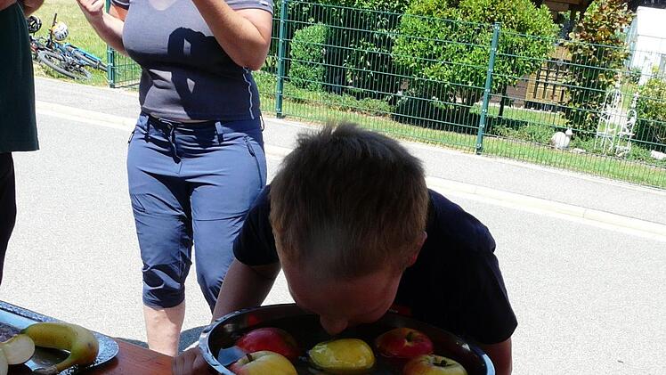 Spa&szlig; hatten die Kinder am Stempelpunkt Wiesenfeld. Sie fischten &Auml;pfel mit dem Mund aus dem Wasser. Foto: Karin G&uuml;nther