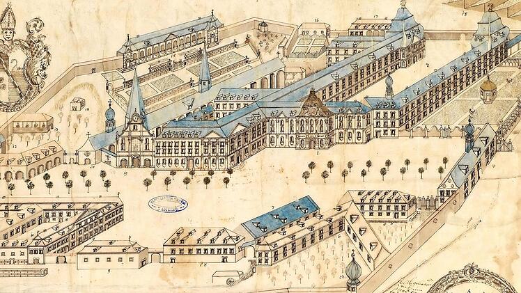 F. Alanus Bittermann fertigte diese Graphik von Kloster Langheim 1794, kurz vor der Aufhebung des Klosters an. Heute sind nur noch Reste der einst so mächtigen Klosteranlage vorhanden. Repro: Staatsbibliothek Bamberg