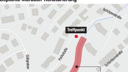 In diesem Bereich wird umgestaltet. Treffpunkt f&uuml;r die Info ist an den Parkpl&auml;tzen Parkstra&szlig;e (roter Punkt).