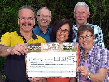 Aufgerundet 4000 Euro brachte ein Benefizkonzert von Postkapelle und den Waldfensterer Bergmusikanten zu Gunsten der Lebenshilfe-Werkstatt Nüdlingen. Bei der Spendenübergabe( von links): Stefen Matthes, Martin Denninger, Monika Böhm, Peter Kleinhenz und Rosemarie Schmitt. Foto: Peter Rauch
