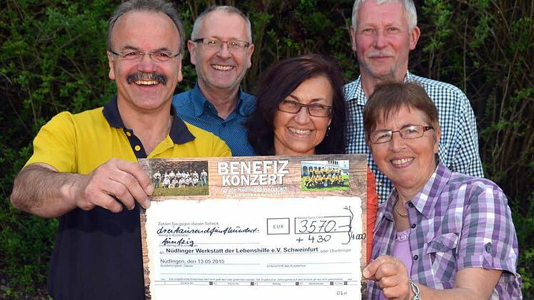 Aufgerundet 4000 Euro brachte ein Benefizkonzert von Postkapelle und den Waldfensterer Bergmusikanten zu Gunsten der Lebenshilfe-Werkstatt Nüdlingen. Bei der Spendenübergabe( von links): Stefen Matthes, Martin Denninger, Monika Böhm, Peter Kleinhenz und Rosemarie Schmitt. Foto: Peter Rauch