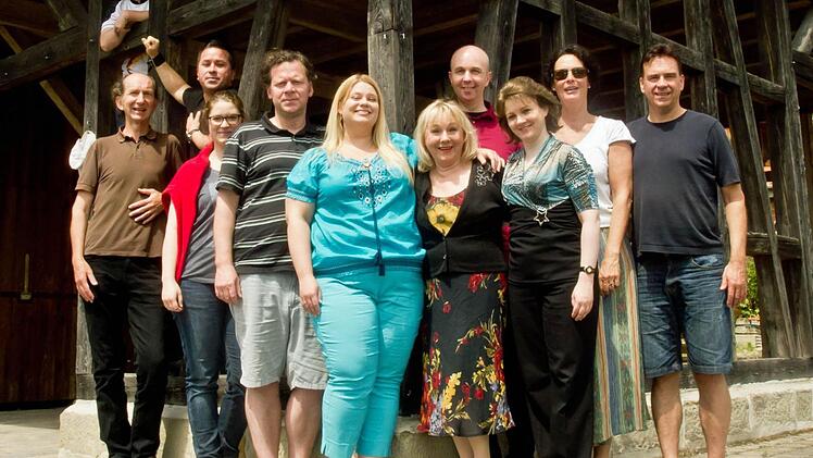 Das Ensemble der Coburger Sommeroperette (von links): Johannes Eitzerodt (oben), John Sweeney, Claudio Romero, Friederike Möbus, Vincent Wojdacki, Eva-Marie Misinski, Sylvia Denk, Jan Reimitz, Anita Tauber, Gabriela Künzler und Harrie van der Plas. Foto: Jochen Berger