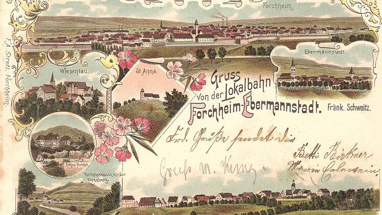 Zur Eröffnung der Lokalbahn Forchheim - Ebermannstadt im Mai 1891 erschien in der Druckerei F.A. Streit diese Karte. Sie beweist, wie stolz die Forchheimer auf ihe Bahn waren. Foto: Sammlung Harald Schmidt