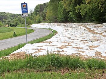 Wegen des Vorkommens und der Vergrämung von Eidechsen wurde diese Planenabdeckung am Rand der Staatsstraße bei Kirchlauter nötig.