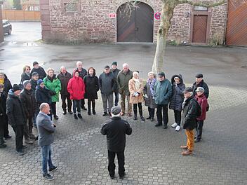 Mitglieder des Geschichtskreises Schweinfurt, Bad Kissingen und Hammelburg informierten sich beim Rundgang mit Otmar Pfister im Erthal-Schloss und über das Geschlecht der Adeligen. Foto: Winfried Ehling